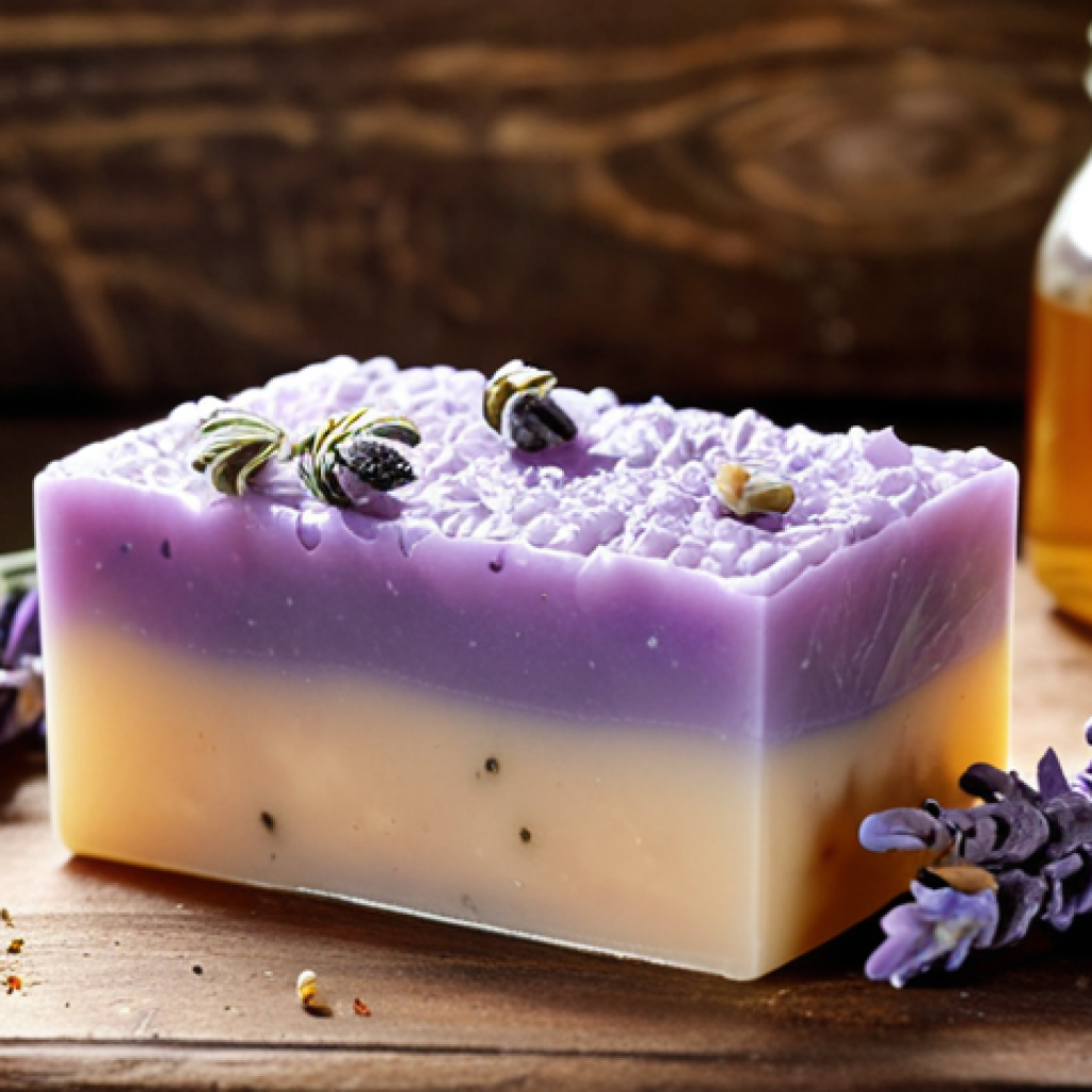 **Close-up of handcrafted soap with visible natural ingredients like lavender buds and honey, showcasing a rustic and wholesome aesthetic.**