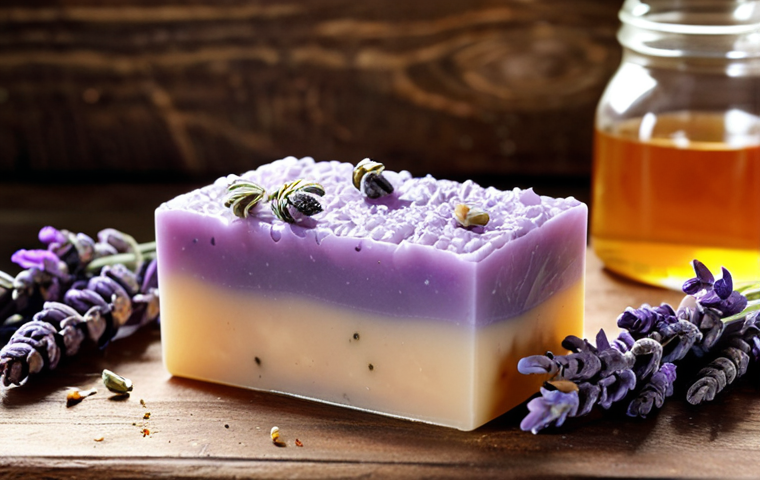 **Close-up of handcrafted soap with visible natural ingredients like lavender buds and honey, showcasing a rustic and wholesome aesthetic.**
