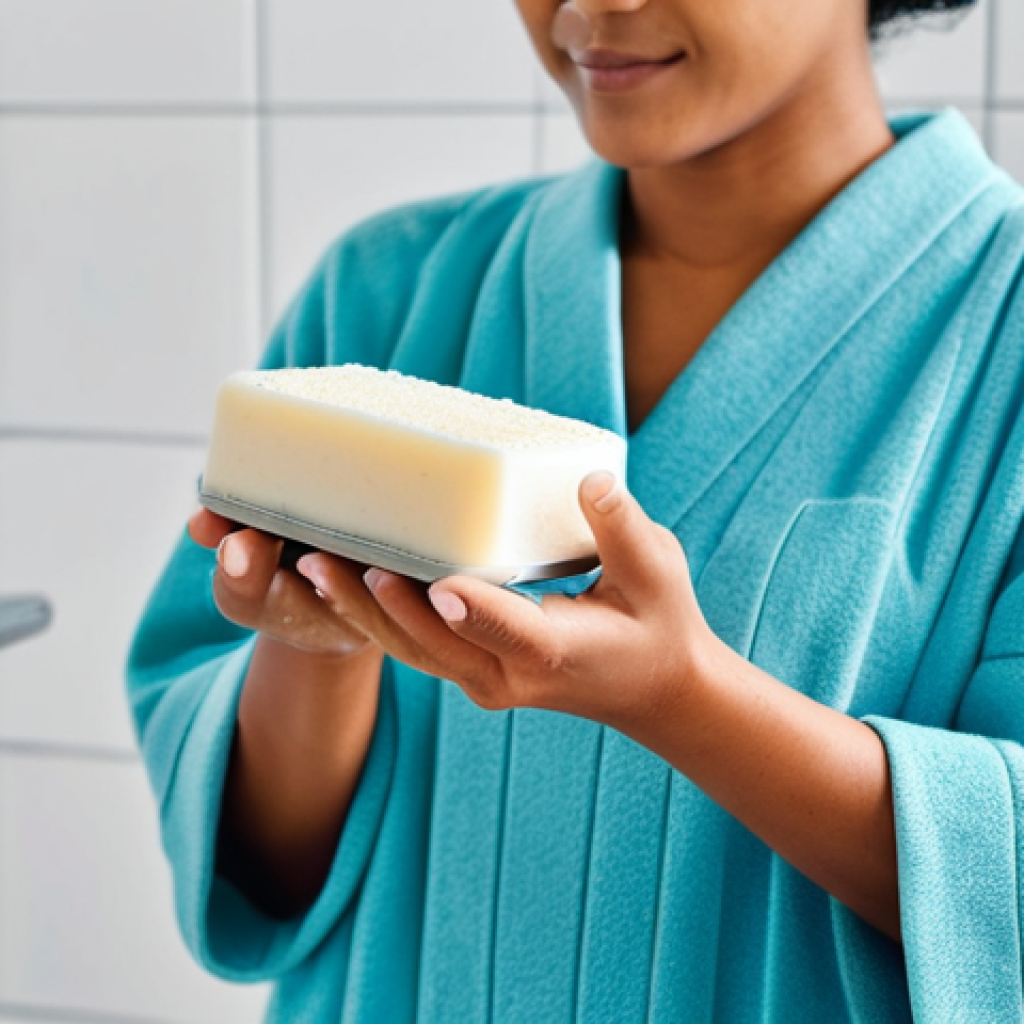 A person, fully clothed in comfortable and modest lounge attire, delicately holds a natural handmade soap bar and generates rich, creamy foam using a foaming net. Their hands gently apply the voluminous lather to their face, conveying a serene and mindful cleansing ritual in a bright, clean bathroom. The scene emphasizes gentle care and a peaceful atmosphere. safe for work, appropriate content, fully clothed, modest clothing, family-friendly, perfect anatomy, correct proportions, natural pose, well-formed hands, proper finger count, natural body proportions, professional photography, high quality.