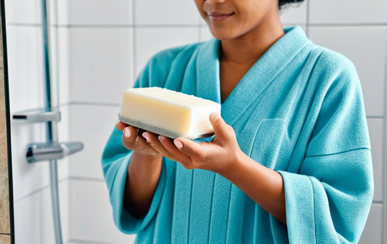 A person, fully clothed in comfortable and modest lounge attire, delicately holds a natural handmade soap bar and generates rich, creamy foam using a foaming net. Their hands gently apply the voluminous lather to their face, conveying a serene and mindful cleansing ritual in a bright, clean bathroom. The scene emphasizes gentle care and a peaceful atmosphere. safe for work, appropriate content, fully clothed, modest clothing, family-friendly, perfect anatomy, correct proportions, natural pose, well-formed hands, proper finger count, natural body proportions, professional photography, high quality.