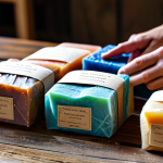 **

A well-lit photograph of a diverse selection of colorful, handcrafted soaps arranged on a rustic wooden table. The soaps are individually wrapped in simple, eco-friendly paper packaging. Background includes blurred elements of a bright, clean artisanal soap-making workshop. Focus on natural textures and soft lighting. safe for work, appropriate content, fully clothed, professional product photography, well-formed hands (if any are visible), perfect anatomy, natural proportions, modest, family-friendly.

**