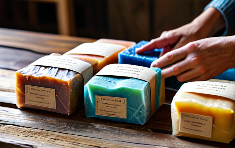 **

A well-lit photograph of a diverse selection of colorful, handcrafted soaps arranged on a rustic wooden table. The soaps are individually wrapped in simple, eco-friendly paper packaging. Background includes blurred elements of a bright, clean artisanal soap-making workshop. Focus on natural textures and soft lighting. safe for work, appropriate content, fully clothed, professional product photography, well-formed hands (if any are visible), perfect anatomy, natural proportions, modest, family-friendly.

**