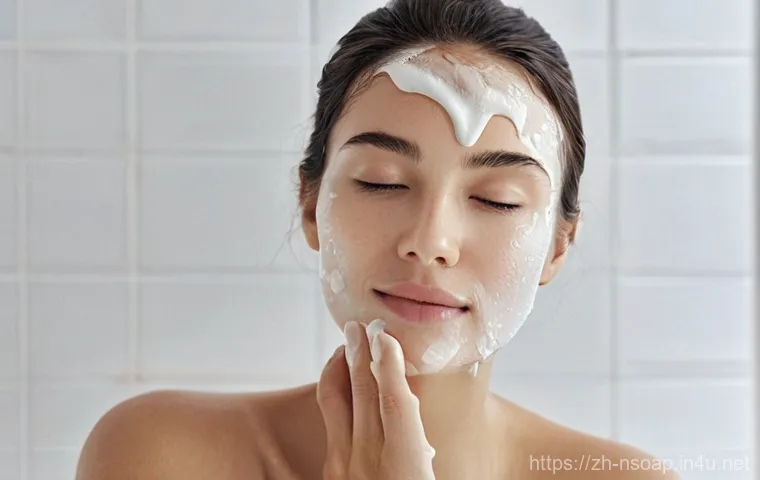 천연비누 민감성 피부 - **Prompt: Sensitive Skin's Soothing Ritual**
    A serene and radiant woman, in her late 20s to earl...