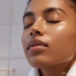 천연비누 피부 진정 효과 - A close-up of a person's face with eyes gently closed, enjoying the application of rich, creamy foam...