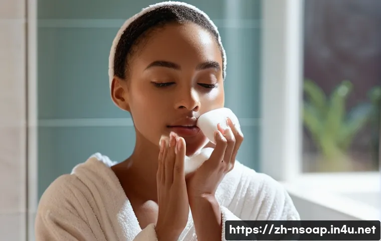 천연비누를 고르는 법 - **Prompt:** A brightly lit, inviting bathroom scene. A young woman with clear, glowing skin is gentl...