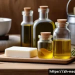 천연비누 만들기 비율 - A detailed and realistic illustration of a handcrafted soap-making setup featuring various natural o...