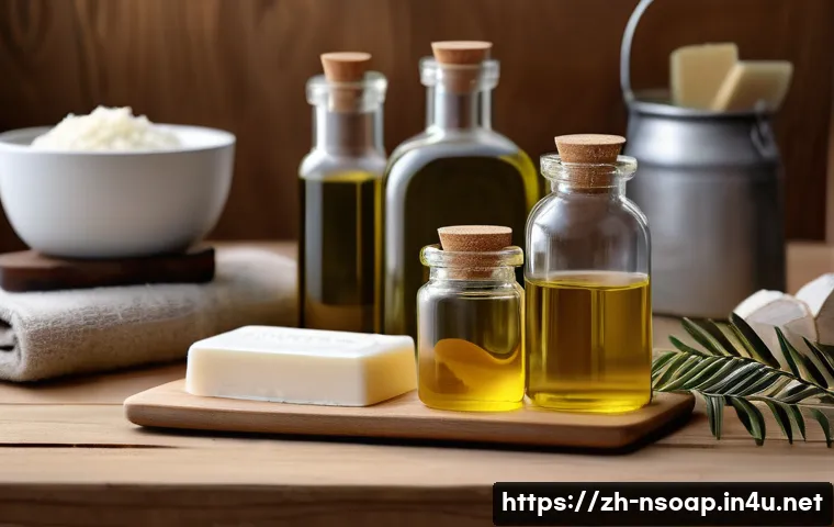 천연비누 만들기 비율 - A detailed and realistic illustration of a handcrafted soap-making setup featuring various natural o...