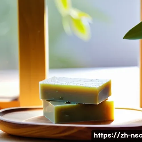 천연비누와 바디워시 비교 - A serene bathroom scene featuring a bar of natural soap made from olive oil, shea butter, and coconu...
