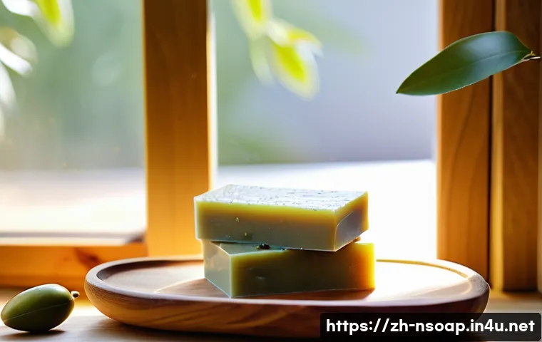 천연비누와 바디워시 비교 - A serene bathroom scene featuring a bar of natural soap made from olive oil, shea butter, and coconu...