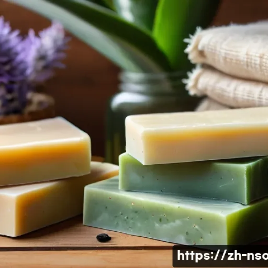 천연비누 유기농 비누 - A serene and elegant natural skincare scene featuring a variety of handcrafted natural soaps display...