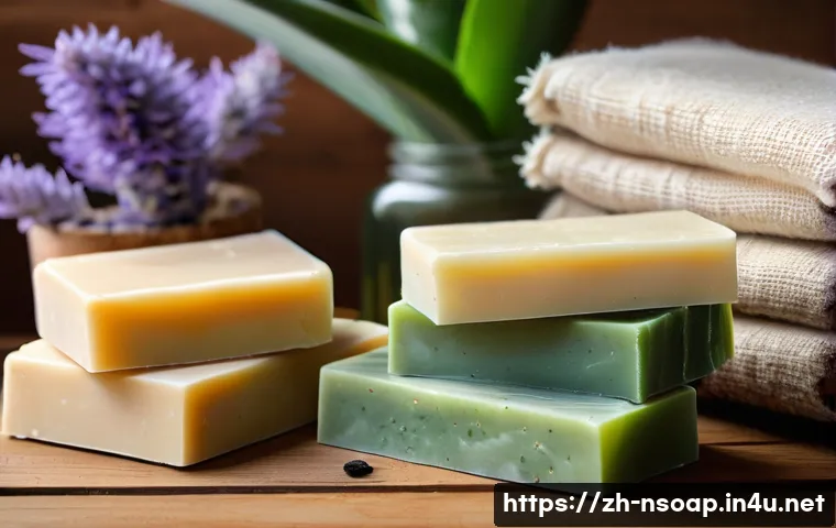 천연비누 유기농 비누 - A serene and elegant natural skincare scene featuring a variety of handcrafted natural soaps display...