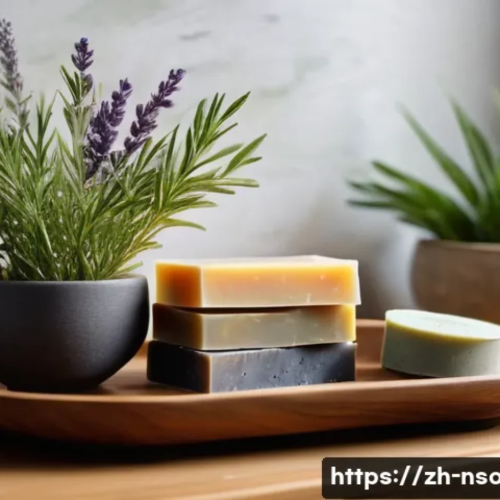 천연비누 맞춤형 추천 - A cozy, softly lit bathroom scene featuring a variety of natural handmade soaps arranged artfully on...