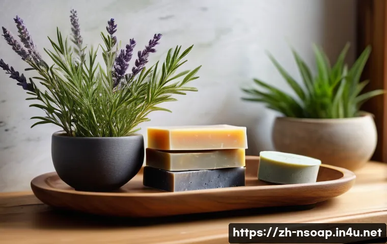 천연비누 맞춤형 추천 - A cozy, softly lit bathroom scene featuring a variety of natural handmade soaps arranged artfully on...