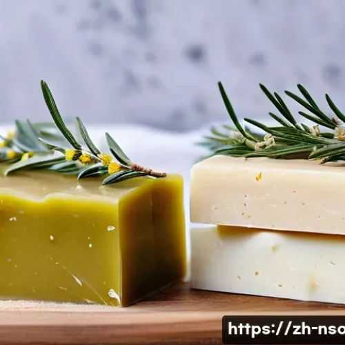 천연비누 피부 관리 - A close-up scene of artisanal natural handmade soap bars arranged on a rustic wooden tray, featuring...