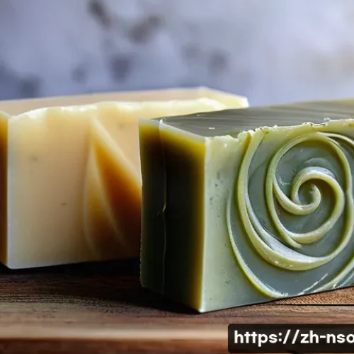 천연비누 여드름 예방 - A close-up, hyper-realistic image of handmade natural soap bars arranged artistically on a rustic wo...