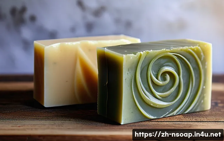 천연비누 여드름 예방 - A close-up, hyper-realistic image of handmade natural soap bars arranged artistically on a rustic wo...