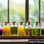 천연비누 만들기 재료 - A serene artisanal soap-making scene featuring a rustic wooden table with various natural plant oils...