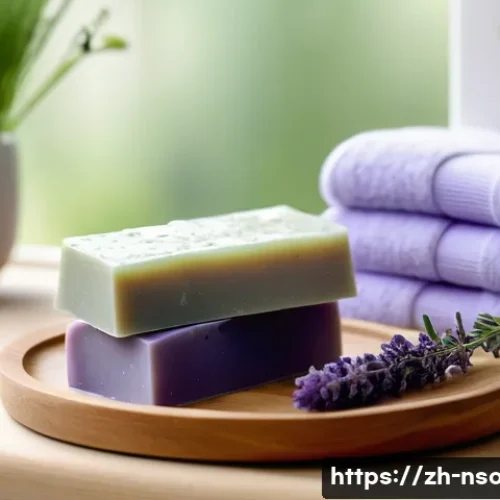 천연비누 종류 - A serene bathroom scene featuring natural soap bars made with lavender essential oil placed on a woo...