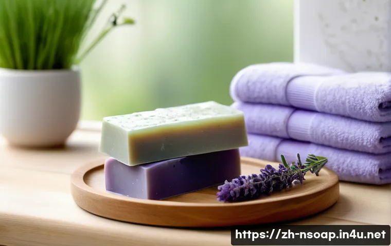 천연비누 종류 - A serene bathroom scene featuring natural soap bars made with lavender essential oil placed on a woo...