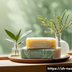 천연비누 피부 자극 - A serene, modern bathroom scene focusing on natural handmade soap bars arranged artfully on a wooden...