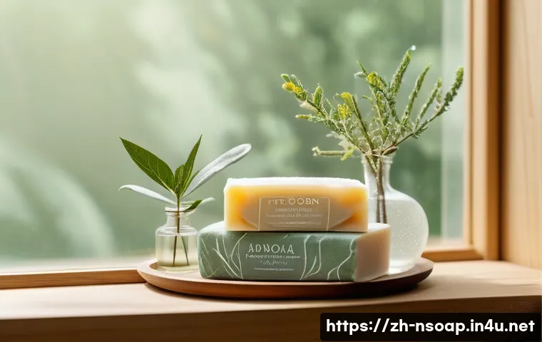 천연비누 피부 자극 - A serene, modern bathroom scene focusing on natural handmade soap bars arranged artfully on a wooden...
