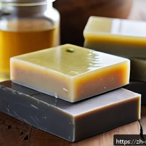 천연비누 만들기 과정에서 발생하는 문제 - A detailed close-up of natural soap bars made with a blend of coconut oil and olive oil, showcasing ...