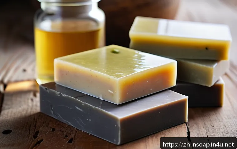 천연비누 만들기 과정에서 발생하는 문제 - A detailed close-up of natural soap bars made with a blend of coconut oil and olive oil, showcasing ...
