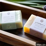 천연비누 품질 좋은 브랜드 - A serene, natural skincare scene featuring artisanal handmade soap bars made with rich olive oil, co...