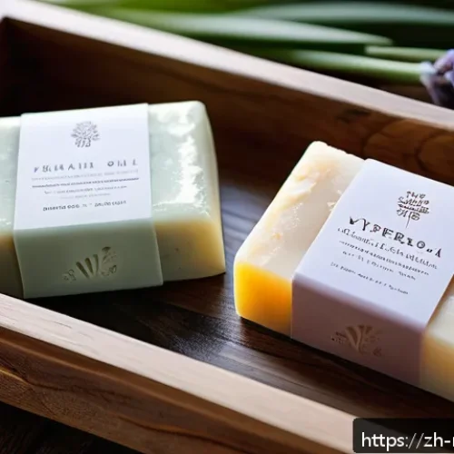 천연비누 품질 좋은 브랜드 - A serene, natural skincare scene featuring artisanal handmade soap bars made with rich olive oil, co...