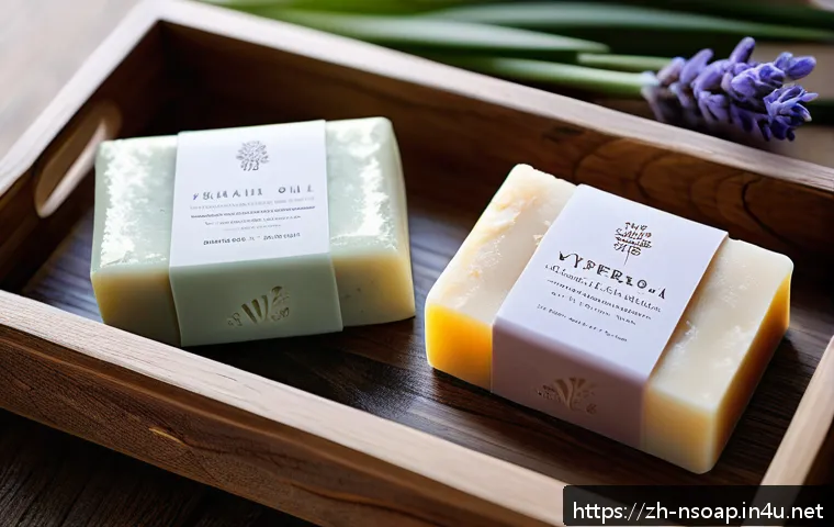 천연비누 품질 좋은 브랜드 - A serene, natural skincare scene featuring artisanal handmade soap bars made with rich olive oil, co...