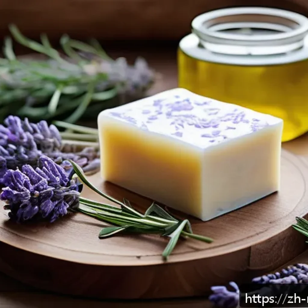 천연비누 만드는 법 - A serene artisanal soap-making scene featuring natural ingredients: a rustic wooden table with glass...