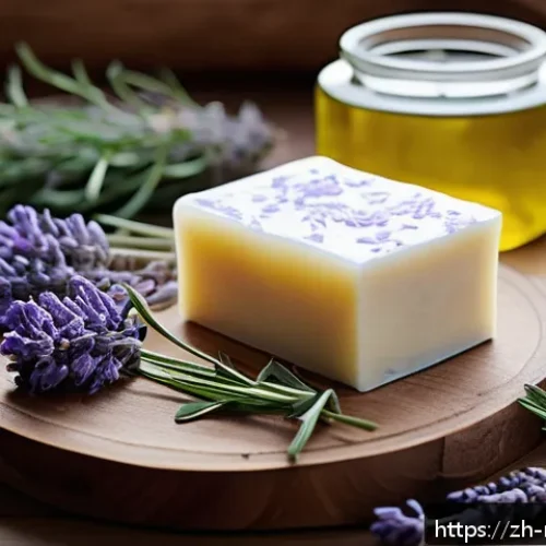 천연비누 만드는 법 - A serene artisanal soap-making scene featuring natural ingredients: a rustic wooden table with glass...