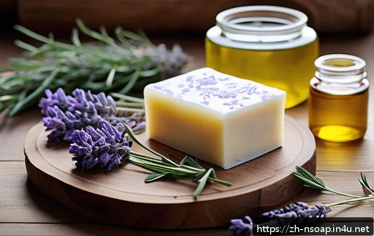 천연비누 만드는 법 - A serene artisanal soap-making scene featuring natural ingredients: a rustic wooden table with glass...