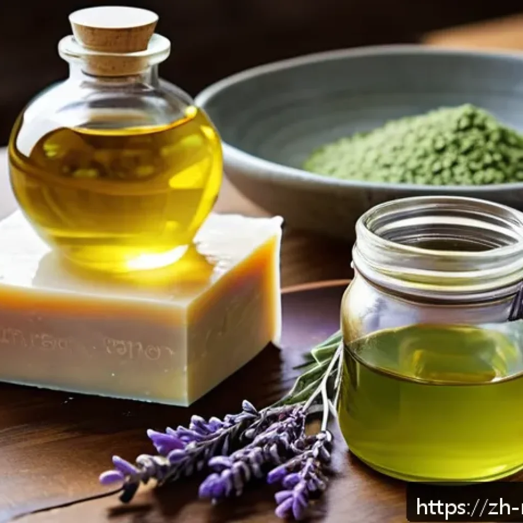 천연비누 실험 - A cozy, artisanal soap-making scene featuring a wooden table with various natural ingredients: olive...