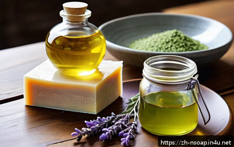 천연비누 실험 - A cozy, artisanal soap-making scene featuring a wooden table with various natural ingredients: olive...