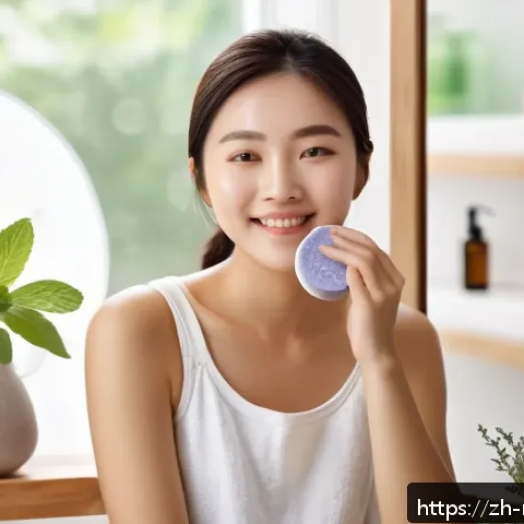 천연비누로 피지 관리 - A serene bathroom scene featuring a young adult woman with healthy oily-combination skin gently wash...