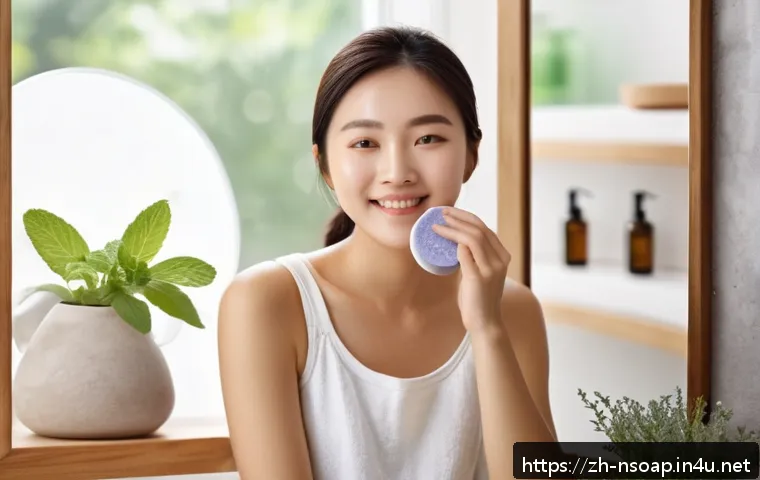 천연비누로 피지 관리 - A serene bathroom scene featuring a young adult woman with healthy oily-combination skin gently wash...