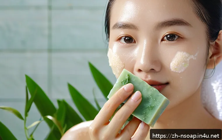 천연비누 사용 후 피부변화 - A close-up portrait of a young Asian woman with oily skin gently washing her face with a natural han...