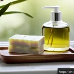 천연비누 수분 보충 - A serene, modern bathroom scene featuring a natural handmade soap bar resting on a wooden soap dish ...