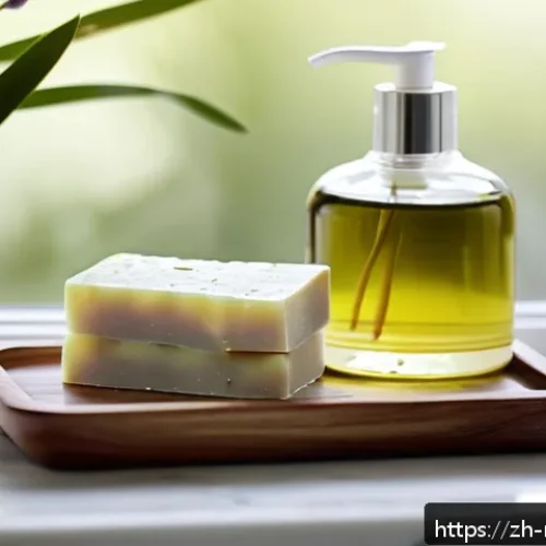 천연비누 수분 보충 - A serene, modern bathroom scene featuring a natural handmade soap bar resting on a wooden soap dish ...