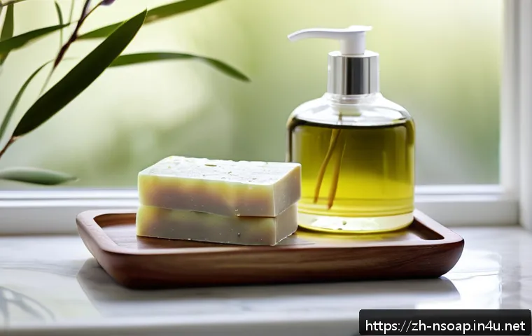 천연비누 수분 보충 - A serene, modern bathroom scene featuring a natural handmade soap bar resting on a wooden soap dish ...