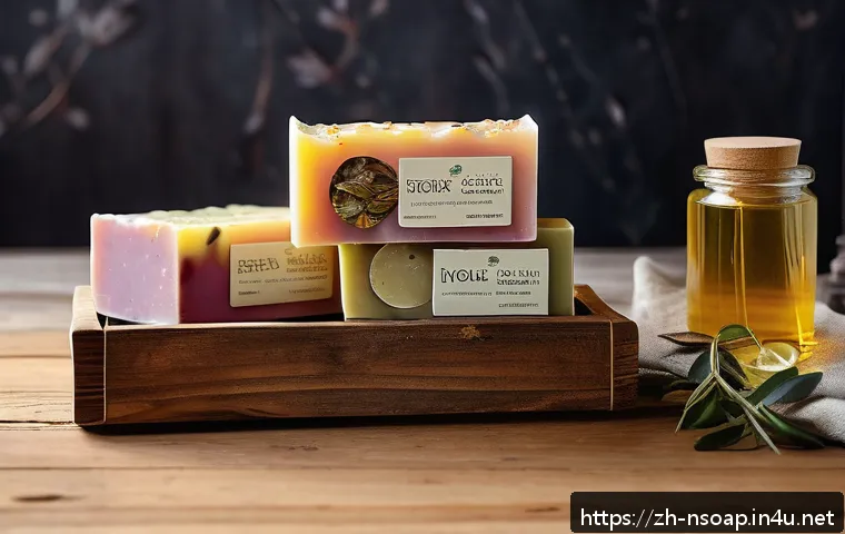 천연비누 가격 비교 - A high-end natural handmade soap display featuring artisanal bars made with cold-pressed olive oil a...