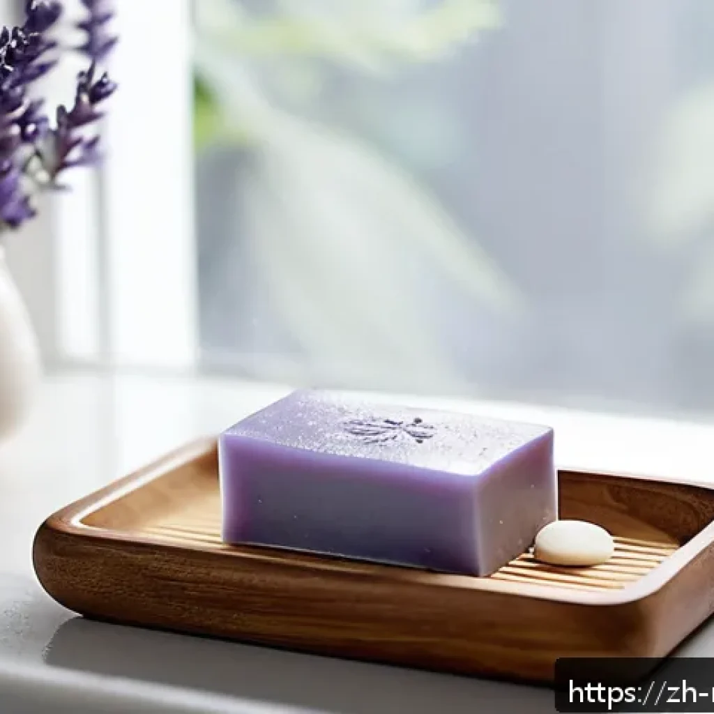 천연비누 아로마 테라피 - A serene bathroom scene showcasing a natural soap bar made with organic plant extracts, placed on a ...
