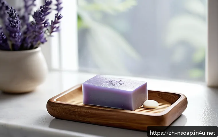 천연비누 아로마 테라피 - A serene bathroom scene showcasing a natural soap bar made with organic plant extracts, placed on a ...