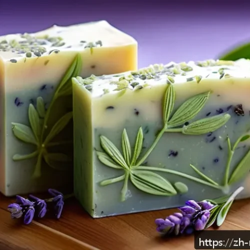 천연비누 블로그 운영 - A close-up, high-resolution image of a natural handmade soap bar resting on a wooden surface, surrou...