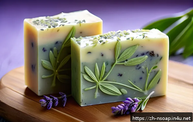 천연비누 블로그 운영 - A close-up, high-resolution image of a natural handmade soap bar resting on a wooden surface, surrou...