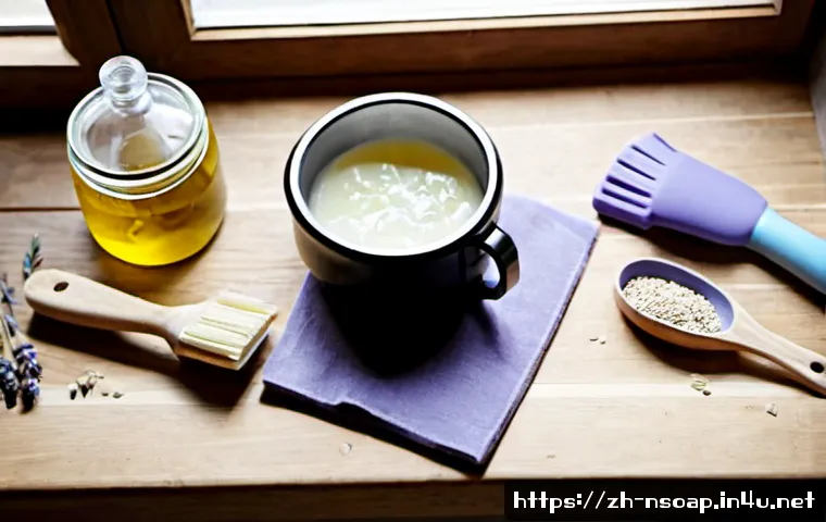 천연비누 만들기 초보자 - Photorealistic beginner natural soap-making workspace, overhead view of a clean wooden table with a ...