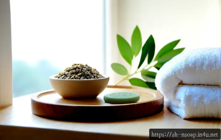 천연비누 효능과 부작용 분석 - Photorealistic bathroom counter scene showing a handmade natural soap bar on a wooden dish beside fr...