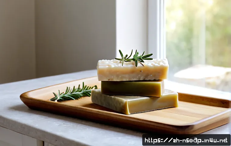 천연비누에 대해 알아보자 - Photorealistic still life of handmade natural soap bars in soft cream, olive green, and warm honey t...